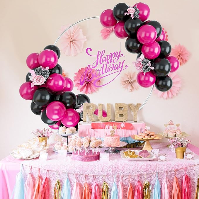 Black and Hot Pink Balloons, 50PCS Balloon Arch Kit for Birthday, Wedding, Baby Shower, Engagement DIY Hula Hoop Decoration Party Supplies