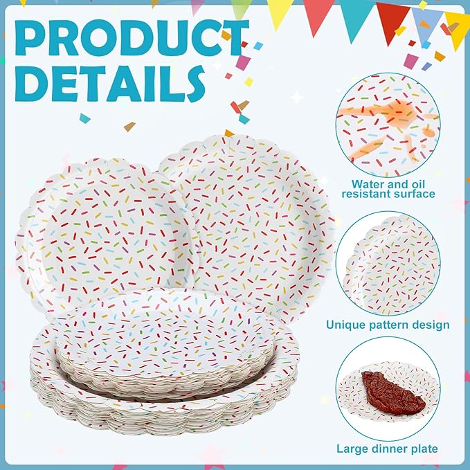 Zhehao 48 Pcs 7 Inch and 9 Inch Confetti Sprinkles Dessert Plates Set Sprinkles Paper Plates Decorations for Weddings Birthday Theme Party Supplies(Scalloped)