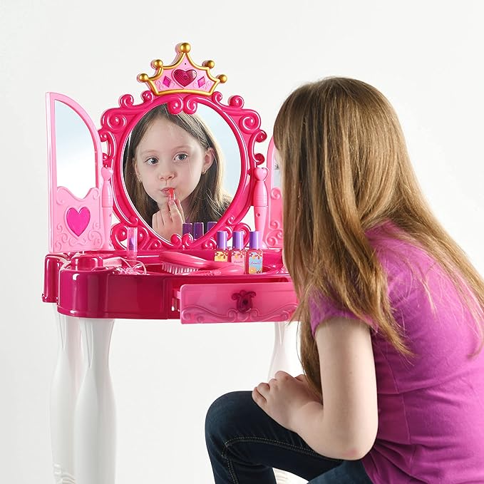 Play22 Pretend Play Girls Vanity Set with Mirror and Stool 21 PCS - Kids Makeup Vanity Table Set with Lights and Sounds - Includes Fashion Hair & Makeup Accessories