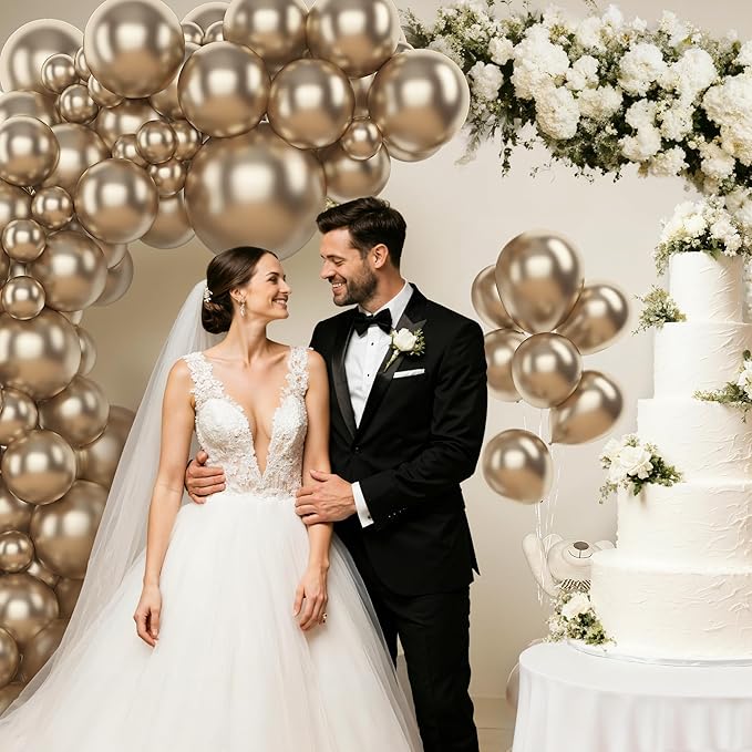 Amandir 153 Pcs Chrome Gold Balloons Arch Garland Kit, Different Sizes 18 12 10 5 Inch Metallic Champagne Gold Balloons for Retirement Graduation Casino Wedding Men Birthday Shower Party Decorations