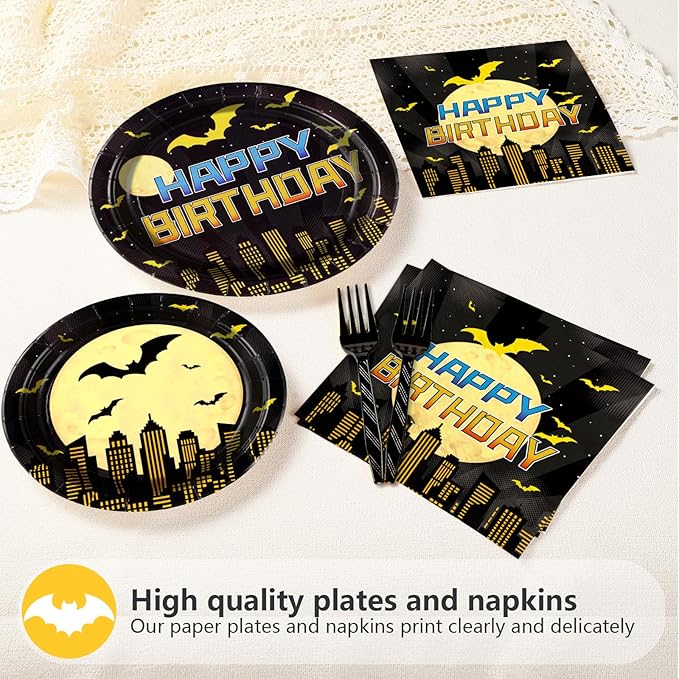 96Pcs Bat Theme Birthday Party Decorations Yellow Black Bat Birthday Dessert Plates and Napkins Set Cartoon Hero Decoration for Boys Baby Shower Super Theme Hero Bats Holiday Party Supplies Serves 24