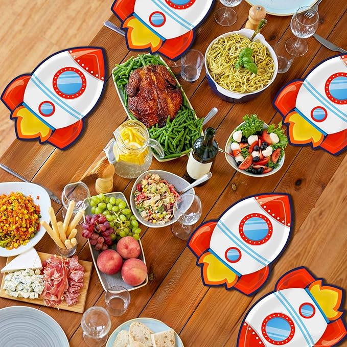 50 PCS Rocket Ship Paper Plates for Outer Space Birthday Party Supplies Disposable Solar System Themed Party Dessert Plates Starry Night Baby Shower Party Galaxy Birthday Themed Decoration Kids