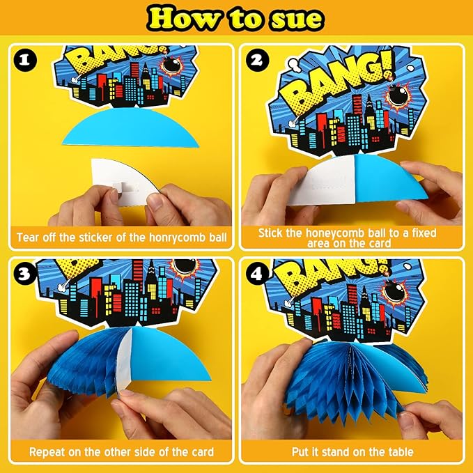 Funrous 11 Pieces Hero Party Decoration Hero Honeycomb Centerpieces 3D Table Topper Paper Large Word Centerpieces Fun Action Sign Standing Card for Birthday Baby Shower Decor Supplies(Classic)