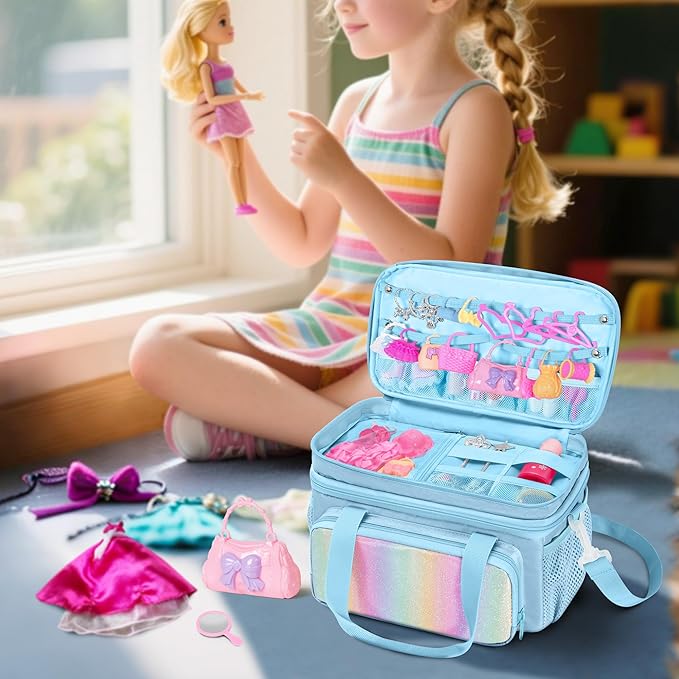 Carrying Case Compatible with Barbie Doll Clothes, Doll Accessories Storage Organizer, Double Layer Design, with Handle and Detachable Shoulder Strap, Case only (Blue)