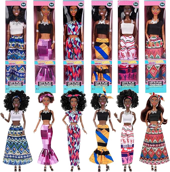 6 Pack African American Fashion Dolls Set with Mix & Match Outfits – 11.5" Posable Black Dolls & 5 Accessories Each (Crown, Necklace, Headscarf & More) + Pink Gift Case