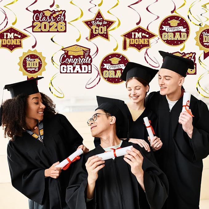 2026 Graduation Party Decorations - 30 Pcs Maroon Gold Class of 2026 Congrats Grad Hanging Swirl Ceiling Decor for Home School Classroom Graduation Party Supplies