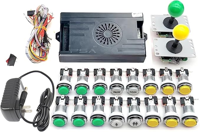 9800 in 1 Game System Kit Saga with Sliver LED Arcade Buttons 5 Pin 8 Way Joystick, VGA, HDMI Compatible, High Score Record, 3D Games HD 1280x720P Output, DIY Home Video Game (Yellow and Green)