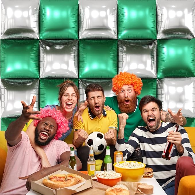 Metallic Green Silver and Black Soccer Square Foil Balloons Wall,19 Inches Foil Balloons Tunnel Arch Garland Kit for Boy Sports Soccer Theme Birthday Party Decorations