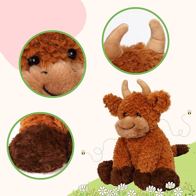 Hopearl Adorable Plush Highland Cow Toy Floppy Soft Stuffed Animal Cute Birthday Gifts for Boys Girls Kids Toddlers, Brown, 10''