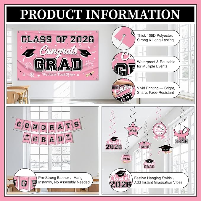 Graduation Decorations Class of 2026 Pink Graduation Party Decor Set include Congrats Grad Banner Backdrop Class of 2026 Balloons Party Supplies