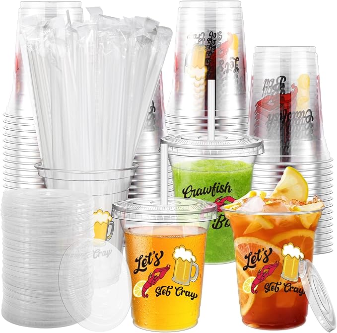 60 Pcs Crawfish Boil Cups Bulk 12 oz Lobster Plastic Cups with Straw Let's Get Cray Disposable Clear Crawfish Drinking for Crayfish Crab Seafood Boil Party Decoration Supplies