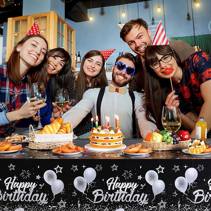 Breling Birthday Party Supplies Confetti Sprinkles Happy Birthday Tablecloths Starry Table Covers for Party Decorations, 54 x 108 Inches(Black and Silver,3 Pack)