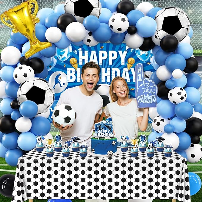 Soccer Birthday Party Decorations, 97Pcs Soccer Party Decorations with Balloons Happy Birthday Backdrop Soccer Tablecloth and Cake Toppers for Soccer Party Supplies
