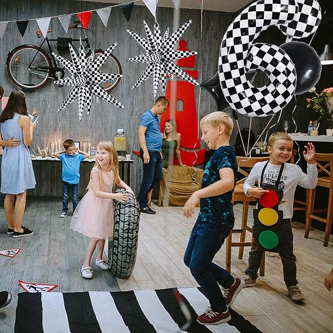 TONIFUL 40 Inch Checkered 6th Birthday Balloons Set Number 6 Race Car Black White Checkered Round Explosion Star Balloons Boys Race Car Themed Birthday Party Decoraction
