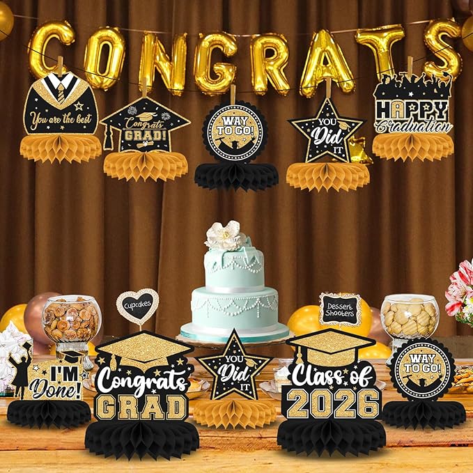 8 Pieces Class of 2025 Graduation Table Decorations - 2025 Congrats Grad Honeycomb Centerpieces, Black and Gold Graduation Table Toppers Decor for 2025 Graduation Party Decorations Favor Supplies