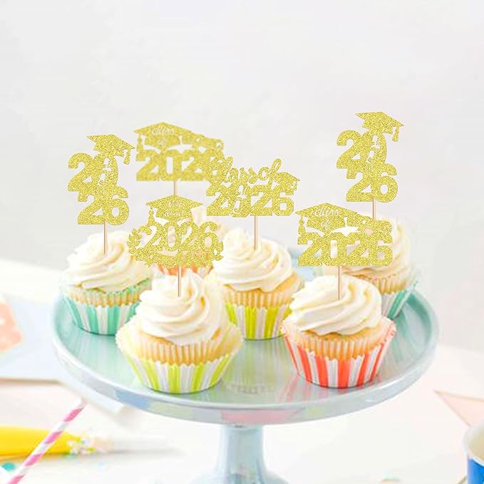 Graduation Cupcake Toppers 2026, Food/Appetizer Picks For Graduation Party Mini Cake Decorations 2026 Cupcake Toppers Graduation 24 Pieces (golden)