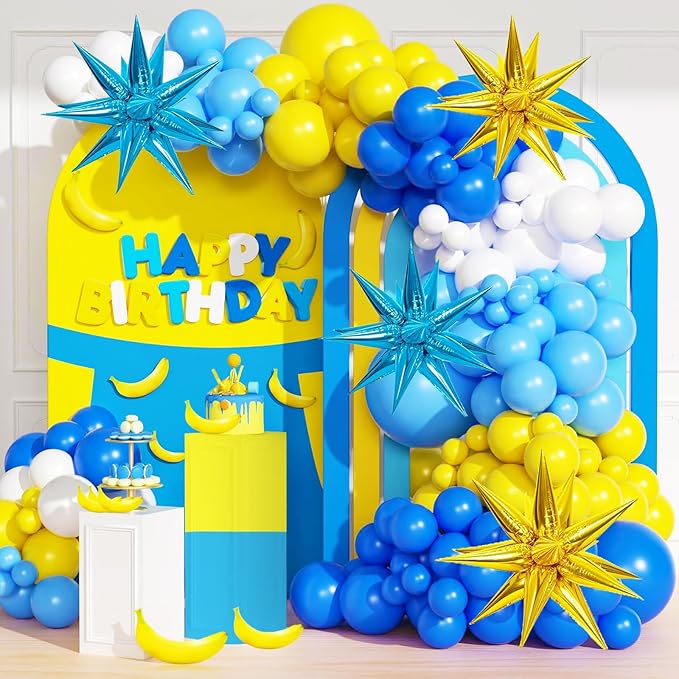 117 Pcs Yellow Blue White Balloon Arch Kit, for Cartoon Banana Theme Birthday Party Decorations Boys and Girls Gatherings Party Supplies