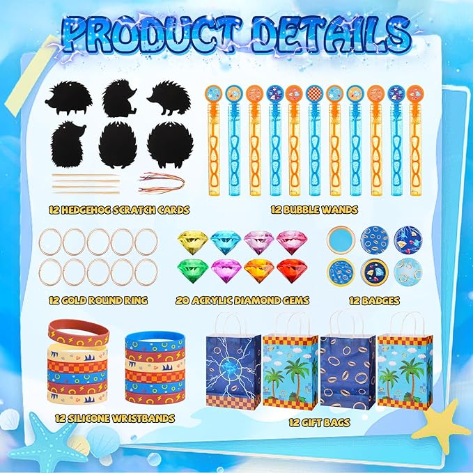 Vanblue Hedgehog Party Favors Theme Birthday Party Decorations Supplies Goodie Bags Stuffers Gift Bag Silicone Wristband Acrylic Diamond Gems Gold Rings Pinata Fillers