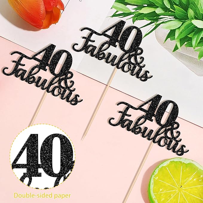 12 PCS 40 and Fabulous Centerpiece Sticks Double Sided Happy 40th Birthday Table Flower Centerpieces Sticks Cheers to 40 Floral Decorations for 40th Birthday Anniversary Party Supplies Black