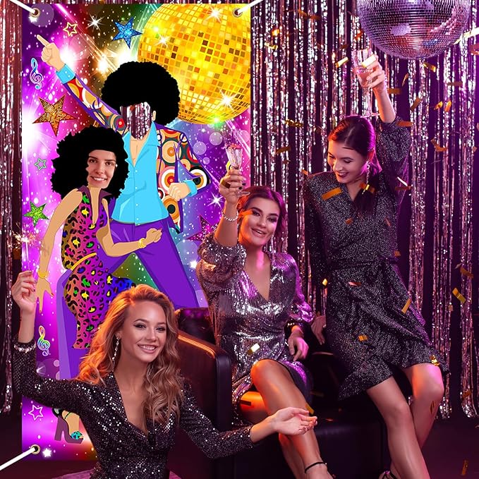 Disco Door Banner 3x6 ft 70s Party Decorations 70s Theme Photo Props Disco Party Supplies Face Cutout Photo Background