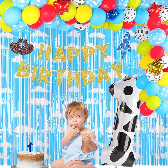 Glitter Toy Theme Happy Birthday Banner Cartoon Story Birthday Party Decorations Toy Inspired Game Space Theme Kids Birthday Banner Two Infinity and Beyond Bday Party Supplies