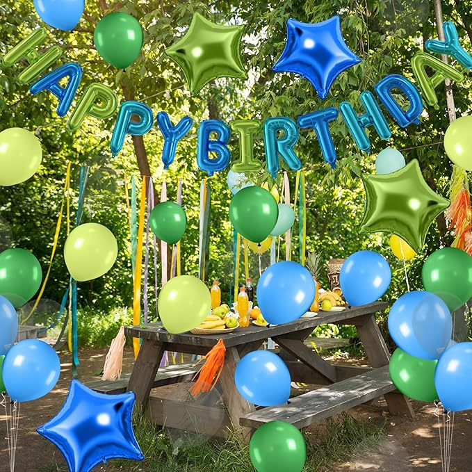 29PC Blue Green Happy Birthday Balloon Banner, 16 Inch 3D Aluminum Letter Banner Sign, Clear Blue Green Balloon Helium 18 Inch Star Foil Balloon for Kids, Women, Men Birthday Party Decoration