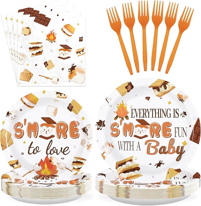 96Pcs S'mores Camping Baby Shower Decorations Everything is S’More Fun with a Baby Plates and Napkins Camping Theme Tableware Set for S’more to Love Kid Camper Campfire Bonfire Party Supplies Serves24