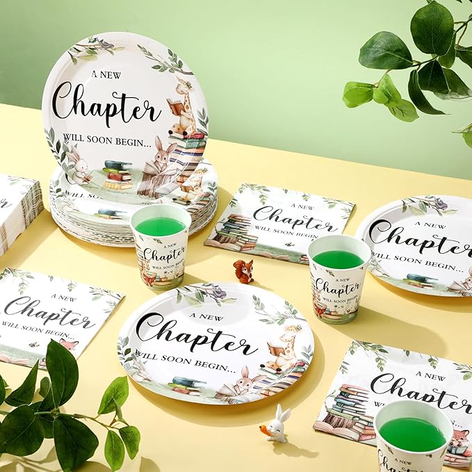 Hushee 200 Pcs Storybook Baby Shower Decorations Supplies A New Chapter Will Soon Begin Book Baby Shower Paper Plates Napkins Cups Library Reading Book Club Tableware Set for 50 Guest