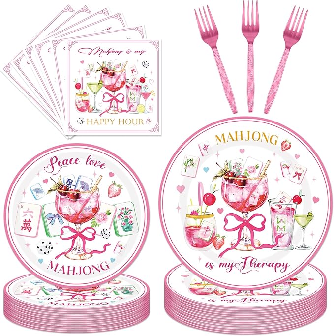 96Pcs Mahjong Party Decorations Tableware Set Mahjong Cocktail Paper Plates Napkins Forks Casual Gatherings Chinese Game Nights Bridal Showers Birthday Theme Party Supplies Serve 24 Guests