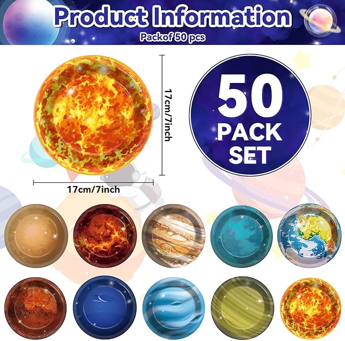 50Pcs Solar System Party Plates Outer Space Theme Party Supplies Galaxy Party Planet 7 Inch Dessert Paper Plates for Kids Space Solar System Planets Baby Shower Party Birthday Party Decorations