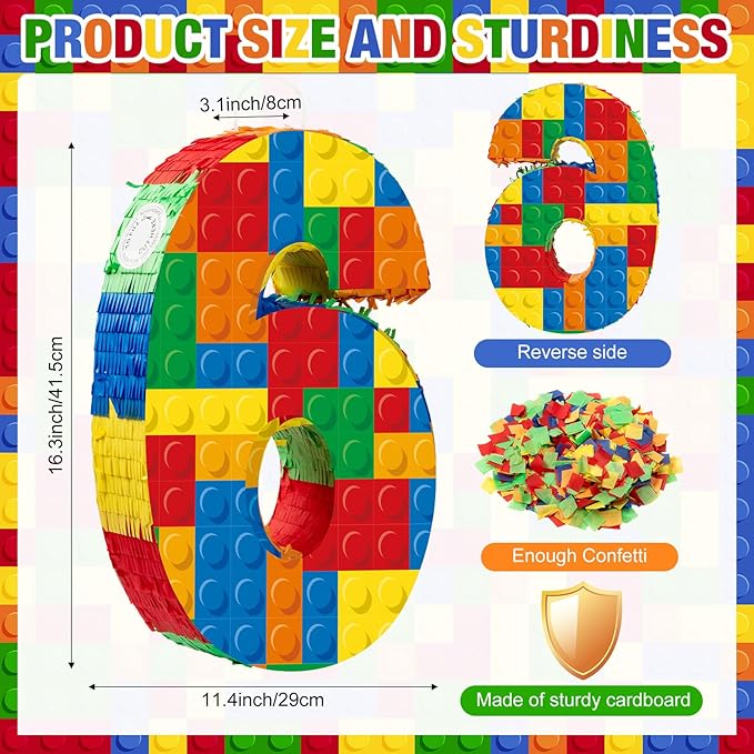 Number 6 Building Blocks Piñata 16.5 Inch Party Supplies 6th Birthday Party Decorations Piñata with Confetti Blocks Theme Fiesta Anniversary Celebration