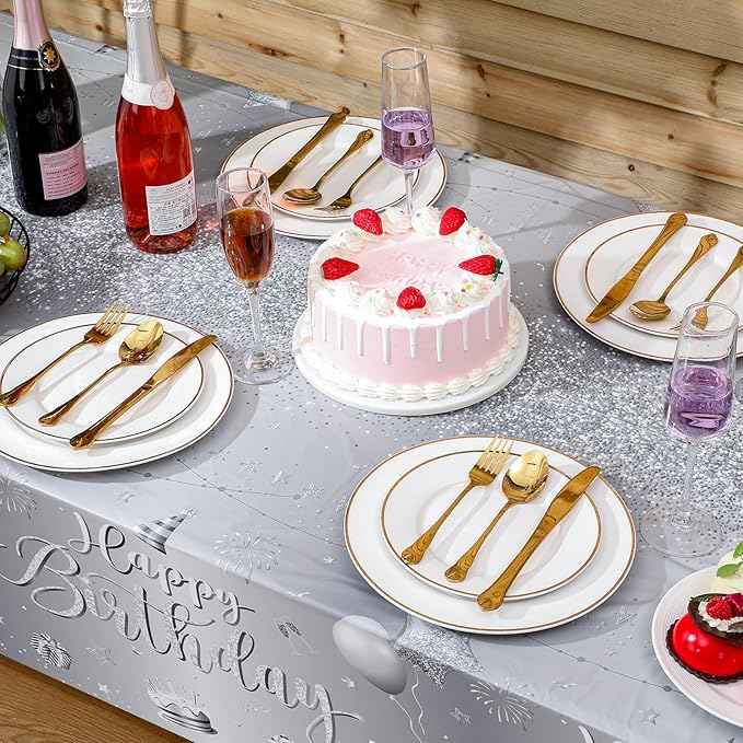 Tudomro 3 Pcs Happy Birthday Tablecloths Happy Birthday Party Decorations Plastic Table Cover Rectangular Cloths for Women Men Baby Shower Party Supplies, 108 x 54 Inch (Silver)
