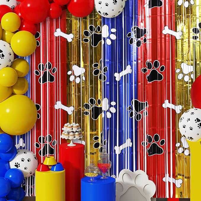 Playful Paw Party Decor Kit with 15 Balloons - 2 Pack 3.3x6.6ft Tinsel Fringe Curtains Backdrop, Paw Photo Booth Props, Animal Birthday Party Supplies for Kids & Boys Room Decor