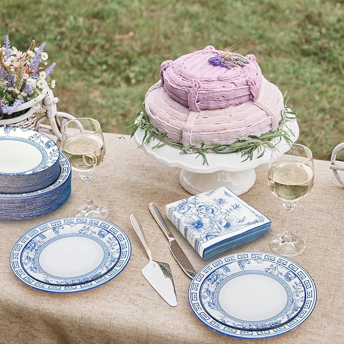 180PCS Blue White Floral Party Supplies Serve 60, Blue Flower Paper Plates and Napkins Kit for Bridal Baby Shower Wedding Tea Party Decorations, Includes Dinner Plates, Dessert Plates, Napkins