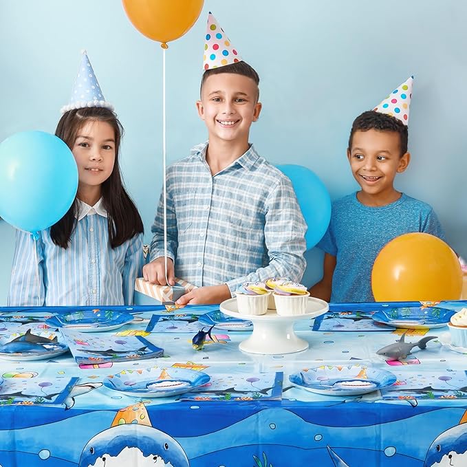WERNNSAI Shark Birthday Party Decorations - 33 PCS Shark Plates Napkins and Tablecloth Under The Sea Birthday Decorations for Kids Boys Summer Pool Ocean Theme Party Favors Serve 16 Guests