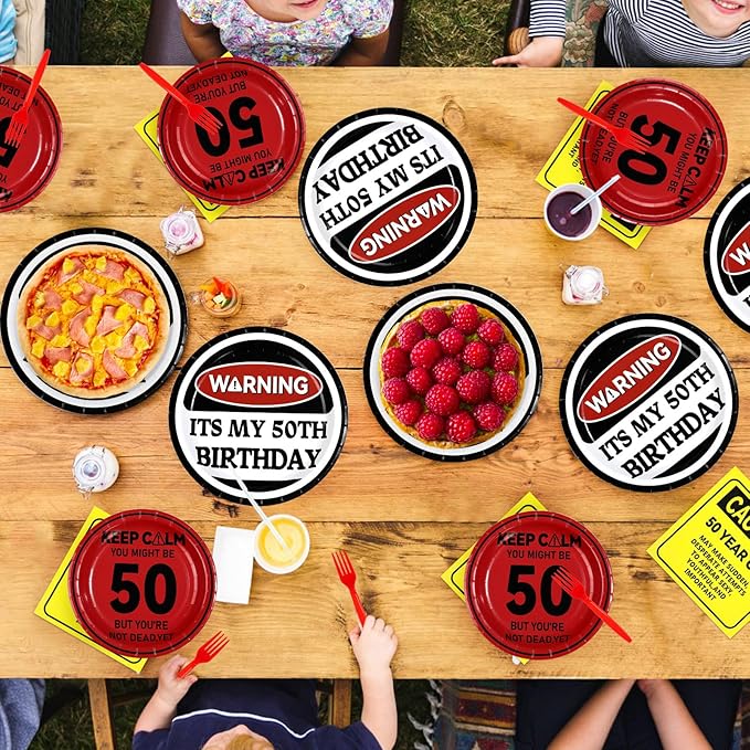 96Pcs 50th Birthday Decorations Caution Logos Wall 50th Birthday Plates and Napkins Over the Hill 50th Birthday Decoration for Him Men Women Funny You're 50 Years Old Birthday Party Supplies Serve 24