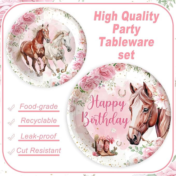 120PCS Cowgirl Horse Birthday Party Supplies Pink Western Horse Party Decorations for Girls Plates Napkins Party Supplies Serves 20 Guests