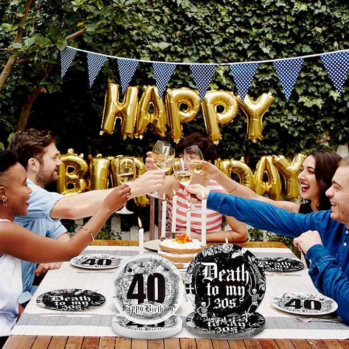 Grencian 96 Pcs Death To My 30s Birthday Decorations 40th Birthday Plates and Napkins Tableware Set Disposable Black Rip To My 30s birthday Party Supplies for Funeral for My Youth Serves 24