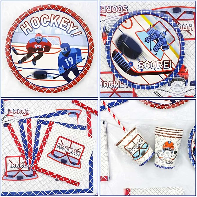 Hockey Party Supplies - Ice Hockey Birthday Party Set Including Plates, Cups, Napkins, Tableware, Tablecloth, Hanging Swirl, Balloons, Banner for Kid's Hockey Fans Birthday Gameday - Serves 20