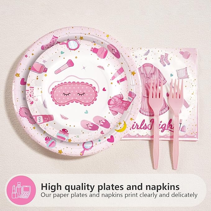 96Pcs Sleepover Party Supplies for Girls Pink Pajama Pillow Fight Plates and Napkins Disposable Slumber Spa Makeup Tableware Set for Girls Ladies Night Birthday Bachelorette Party Decorations Serves24