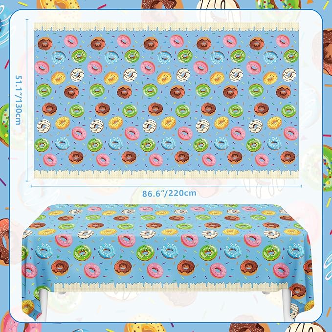 4 Pack Donut Party Tablecloth Sprinkle Donut Theme Party Decorations Blue Ice Cream Table Cloth Doughnut Table Covers for Baby Shower Afternoon Tea Ice Cream Birthday Supplies 51 x 86 in
