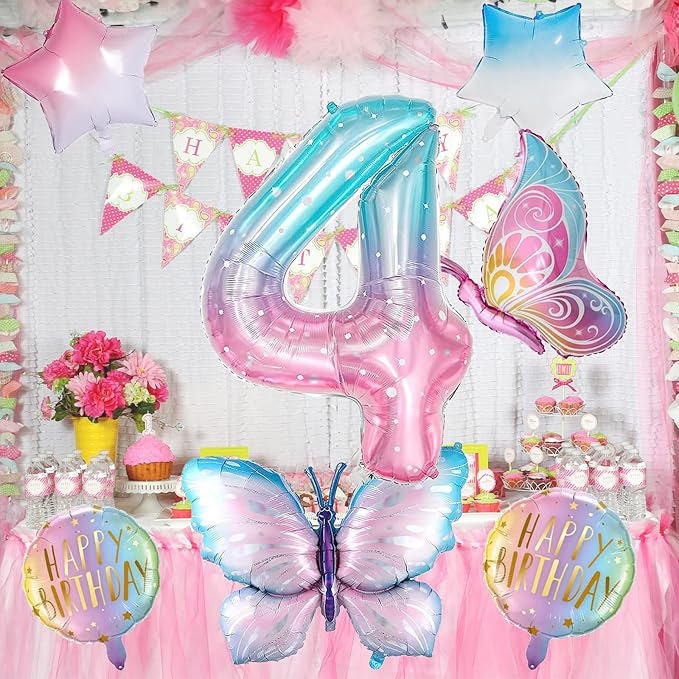 Butterfly Balloons 4th Birthday Decorations for Girls - Gradient Pink Colorful Foil Balloons, Giant Number 4 Foil Mylar Balloon, Butterfly Theme Birthday Party Supplies