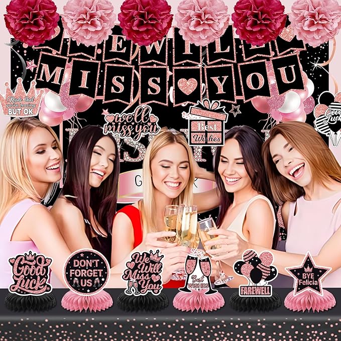Farewell Party Decorations Supplies Kit,Rose Gold We Will Miss You Decorations Include We Will Miss You Banner Backdrop Table Toppers Paper Pompoms Going Away Party Hanging Swirls Decorations