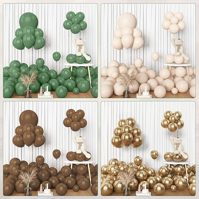 Amandir 153pcs Sage Green Brown Balloon Garland Arch Kit, Different Sizes 18 12 10 5 inch Olive Green Gold Latex Metallic Confetti Balloons for Safari Jungle Woodland Birthday Baby Shower Decorations