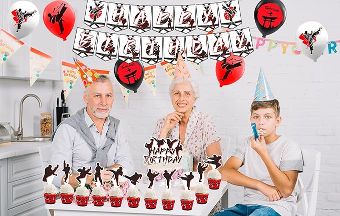 Taekwondo Birthday Party Decorations Karate Party Supplies Includes Karate Taekwondo Birthday Banner Cake Topper Cupcake Toppers Balloons for Men Women Girls Boys Party
