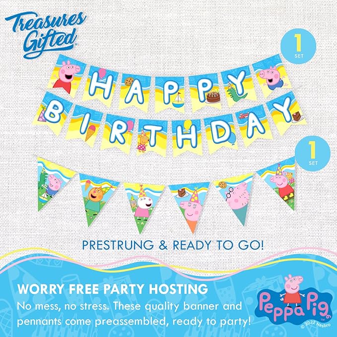 Treasures Gifted Officially Licensed Peppa Pig Birthday Party Supplies - Serves 16 Guests - Complete Set Peppa Pig Party Supplies - Peppa Pig Decorations, Peppa Pig Birthday Banner, Plates & More