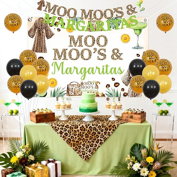 JOYMEMO Moo Moos and Margaritas Birthday Decorations for Women Female, Margarita Backdrop Banner, Cake Topper, Cupcake Toppers, Margs Theme Party Supplies