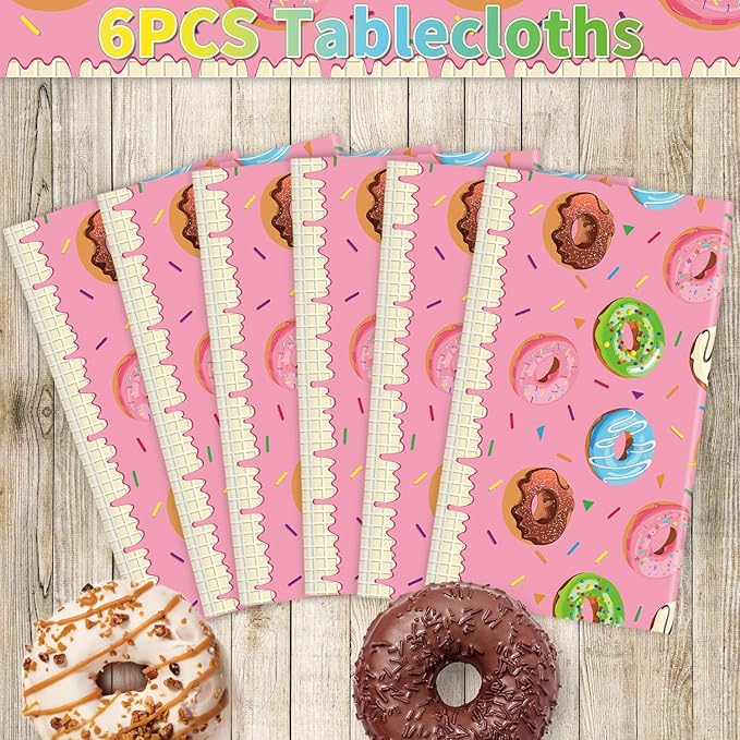 6 Pack Donut Party Tablecloth Sprinkle Donut Theme Party Decorations Pink Ice Cream Table Cloth Doughnut Table Covers for Baby Shower Afternoon Tea Ice Cream Birthday Supplies 51 x 86 in