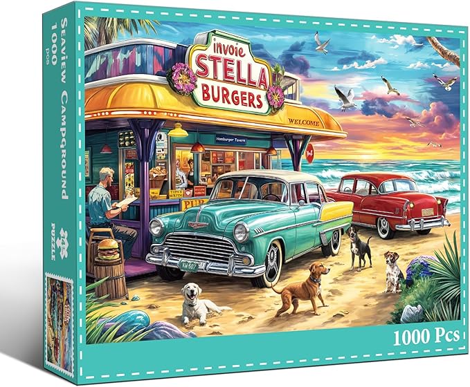 Jigsaw Puzzles for Adults 1000 Pieces, Interlock Perfectly Letter on Back No Dust, Home Decor Birthday Party Gift Toy for Men Women Elders Seniors, 1:1 Poster-Seaview Campground