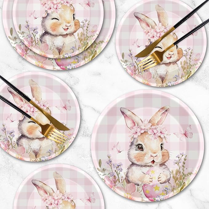 24 Pcs Easter Plates - Spring Flowers Buffalo Plaid Easters Rabbit Paper Plate, Pink Cute Bunny Dinner Dessert Plates Disposable Round Tableware Set for Happy Easter Table Decorations Party Supplies